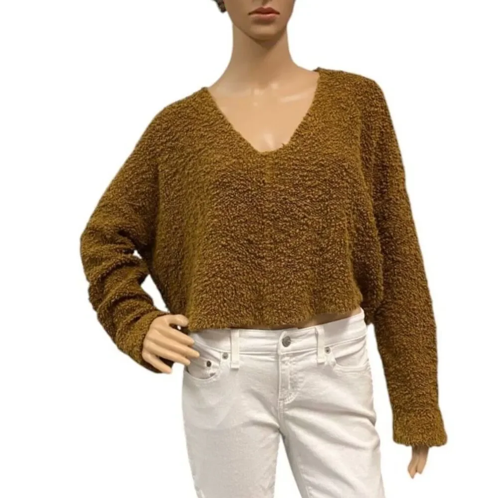FREE PEOPLE Popcorn Pullover Cropped Cable Sweater Tobacco BROWN Sz S